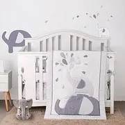 6 PC Elephant Crib Bedding Sets for Baby Boys,Grey/White Crib Set with Crib Skirt/Quilt/Crib Sheet/3 Wall Stickers