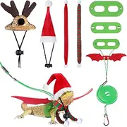 7 Piece Christmas Bearded Dragon Costume Set - Santa Hat, Scarf, Leash Harness - Xmas Lizard Accessories for Reptile Cosplay Photo Prop, Red
