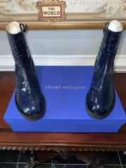 NIB, STUART WEITZMAN, WOMEN'S BLUE CROCODILE, PLATFORM BOOTS Size: 9.5B
