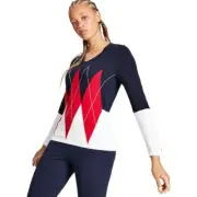 TOMMY HILFIGER Women's Ivy Sweater XL Navy Blue Cream Argyle Pullover V Neck NWT
