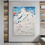Handmade 3D Textured Mountain Skiing Oil Painting with Gallery Frame - Bold Impasto Brushstrokes in Vibrant Winter Hues Dynamic Skiers on Snowy Peaks Modern W