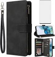Asuwish Compatible with Samsung Galaxy S20 Glaxay S 20 5G UW 6.2 inch Wallet Case Tempered Glass Screen Protector and Leather Flip Cover Card Holder Cell Phone Cases for Gaxaly 20S G5 Women Men Black