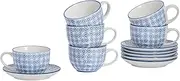 Nicola Spring 12 Piece Cappuccino Cup & Saucer Set - 250ml - Navy Hand Printed Tea Cup and Saucer Coffee Cappuccino Mugs Latte Drinking Mug Tea Saucer Plates