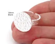 Round Disc Hammered Adjustable Ring Blank - Shiny silver plated Brass 4948