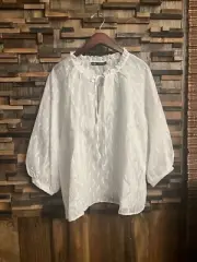 New Zara 3564/167 Frayed Fabric Top tied ruffled round collar White Large