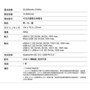 ADATA 威剛 P20000QCD 數位顯示電量20000mAh 支援PD QC 快充行動電源 雙向充電 可上飛機