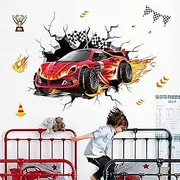 decalmile 3D Racing Cars Wall Decals Red Cars Flags Wall Stickers Baby Nursery Boys Bedroom Kids Room Wall Decor Gifts for Kids