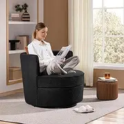 Yaheetech Swivel Accent Chair, 34.5″ W Soft Boucle Swivel Barrel Chair, 360° Modern Upholstered Round Armchair with Pillow, Teddy Sofa Sherpa Chair for Living Room Bedroom Reading Black