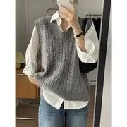 V-Neck Sweater Vest / Collared Plain Shirt Vest - Gray - S