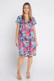 Nicola Cap Sleeve Cotton Dress - Blocks