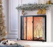 2-Panel Fireplace Screen with Doors, Wrought Iron, Decorative Mesh, Black