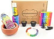 Aromasenses - 7 Chakra Assortment Box - Essential Oil, Incense Cones, Resin Cup, Natural Bundle, Ceramic Stand and 7 Chakra Bracelet - Connect Your Body and Mind (Third Eye)