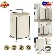 Modern Round Laundry Hamper Cart with Wheels - 2 Sections for Easy Sorting