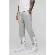 Mens Grey Marl Tall Slim Fit Man Print Colour Block Joggers