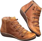 [Generic] Ankle Boots for Women No Heel,New Arch Support Boots Side Zipper Vintage Leather Damping Shoes Flat Heel Booties (Color : Brown, Size : 6.5)