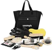 Horse Grooming Kit - 10-Piece Set With Black Storage Bag, Brushes, Sweat Scraper, Mane Comb, Gloves, 100% Horsehair Brush - Gifts for Girls