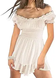 [Generic] Sundresses for Women Easter Dress Short Summer Sweetheart Collar Printed Ruffle Smocked Mini Dress