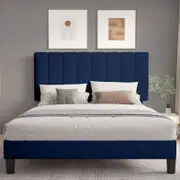 Royal Sleep Bed Frame Bella Velvet Headboard Base Wooden USB Fabric Navy Blue
