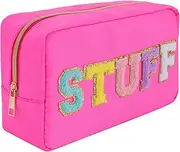 Preppy Patches Makeup Bag Pencil Case Nylon Makeup Pouch Chenille Letter Cosmetic Bag Stuff Waterproof Toiletry Bag for Women Skin Care e Bag 9.84" x 5.51" x 3.15" (Hot Pink), Da- hot pink large