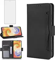 [Asuwish] Compatible with Samsung Galaxy A04 Wallet Case and Tempered Glass Screen Protector Card Holder Credit ID Slot Flip Leather Cell Accessories Phone Cover for Ao4 A 04 4G Women Men Black