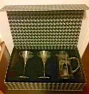 Rare Engraved CNN Crystal Martini Glasses w/ Glass Water Pitcher Large Boxed Set