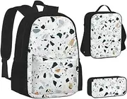 [ERCgad] Terrazzo Marble Pastel Print Canvas 3-In-1 School Bags Set Backpack Lunch Bag Pencil Case Combo For Men Women, Black, One Size
