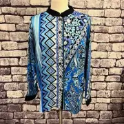 Bob Mackie NWT Blue, Black & White Button Down Blouse Size L Polyester & Spandex