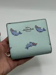 Coach CK436 Blue Dolphin Print Snap Card Case Wallet With C Charm NWT $178