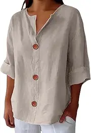 [Hrjxfpt] Plus Size 3/4 Sleeve Linen Tops for Women UK Summer V Neck Mid Long Sleeve Tops Ladies Casual Loose Vacation Beach Solid Color down Blouses Tunic T Shirts Cheesecloth Clothes Daily Essential Gifts