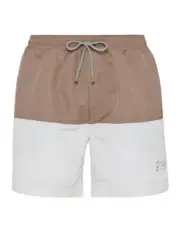 Brunello Cucinelli Mens Logo Embroidered Swim Trunks in Beige & White