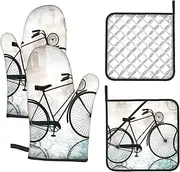 4 pcs Oven Mitts and Pot Holders Set 500°F Heat Resistant Oven Gloves and Hot Pads Kitchen Mittens Retro Bicycle Cooking Gloves Potholders for Baking Grilling