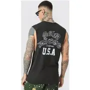Mens Tall Varsity San Diego Back Print vest In Black