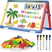 SWANCROWN Double Sided Magnetic Whiteboard for Kids Table top White Board Foldable Dry Erase Board Small Art Easel with 82Pcs Letter Magnets Toddler Boy Girl Toys 40x30cm