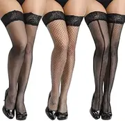 [Zerolove] 3 Pairs Women's Black Sexy Fishnet High Stockings with Lace Top
