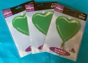 Set Of 3 Heart Shaped 18 inch Metallic Green Color Mylar Balloons Love Party New