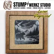 Framed Slate Tile Wall Art Decor Engraved Wildlife Bear Mountains Nighttime Sky