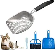 4 Pcs Cat Litter Scoop Cleaning Tool, Cat Litter Box Scoop Made of Sturdy Aluminum, with Non-Slip Handle Silicone Long Handle Deep Scoop with Small Holes Plastic Cat Scoop Scoop Broom Sets (Blue)
