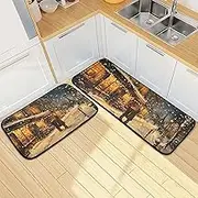XYMZR Kitchen Mat Street Winter Christmas for Floor, 2 Piece, Non Slip Washable Kitchen Rugs for Kitchen & Home Decor, Sink, Bathroom 19.7” x 27.6” + 19.7” + 47.2”