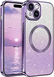 DUEDUE Magnetic Case for iPhone 14 [Compatible with MagSafe], Bling Glitter Sparkly Women Girls [Removable Glitter Card] Soft Protective Shockproof Slim iPhone 14 Cover 6.1'', Gradient Purple