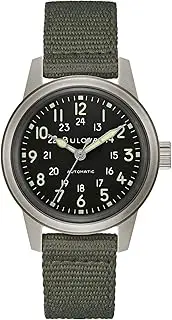 [Bulova] Men's Military Heritage Hack Veteran's Watchmaking Initiative Watch in Stainless Steel with 3-Hand Automatic, Black NATO Leather Strap Style: 96A259, Green, Automatic Watch