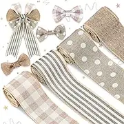 Whaline Farmhouse Wired Edge Ribbon 4 Rolls White Polka Dots Buffalo Plaid Stripe Ribbons Rustic Farmhouse Craft Ribbons for Spring Summer Wedding Wreaths Assorted DIY Gift Wrapping 2.5In x 20 Yard