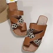 [SWTKO] Women Orthopedic Sandals Leopard Print PU Leather Flip Flops Clip Toe Flat Beach Walking Shoes Comfort Wedge Slippers Summer Outdoor Open Toe Sandals,Brown,US7/EU38