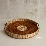 Round Rattan Tray, Extra Large with Handles (16.9") for Ottoman, Coffee Table