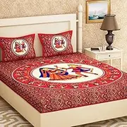 Marusthali indian style bed sheets traditional dandiya bedsheet king size sanganeri print bed sheet rajasthani cotton bed cover 144 tc jaipuri print bedspread 90 x 100 inches (Red)