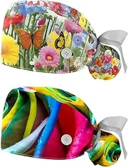 [YTYVAGT] 2-Pc,Nurse Scrub Caps,Scrub Hats with Buttons and Cotton Sweatband,Flowers and Butterflies Garden