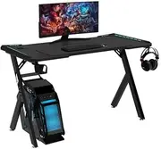 [EKKIO] 100cm RGB Gaming Desk with LED Lights, Carbon Fibre Texture, Anti-Slip Foot Pad, Ergonomic Design for Home Office Workstation - Gamer & Study Table for Kids, Men, and Women - Black