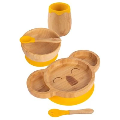 5pc Tiny Dining Yellow Bamboo Koala Baby Weaning Set Feeding Suction Plate
