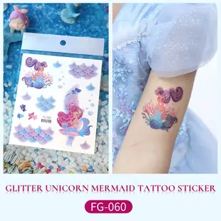 新款跨境貨源防水閃粉紋身貼紙卡通美人魚獨角獸兒童紋身貼tattoo