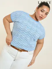Lipsy Blue Curve Stitch Short Sleeve Knitted Sparkle Top (AY0365) | $88