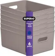 15L Medium Ribbed Storage Bin, Decorative Plastic Storage Baskets, 6 Pack, Taupe